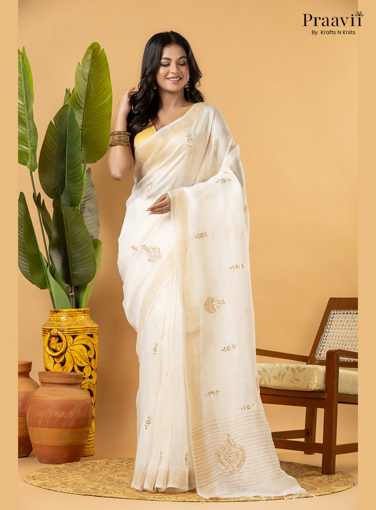 Off-White Pure Silk Linen Saree with Gota Patti and Zardosi