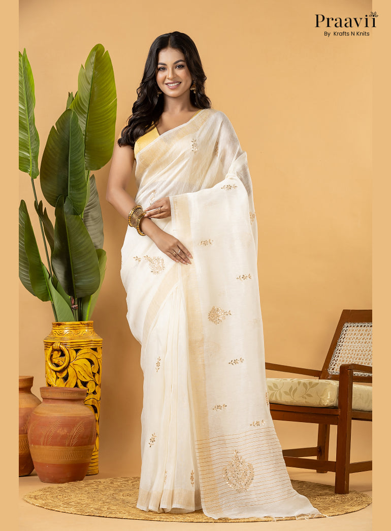 Off-White Pure Silk Linen Saree with Gota Patti and Zardosi
