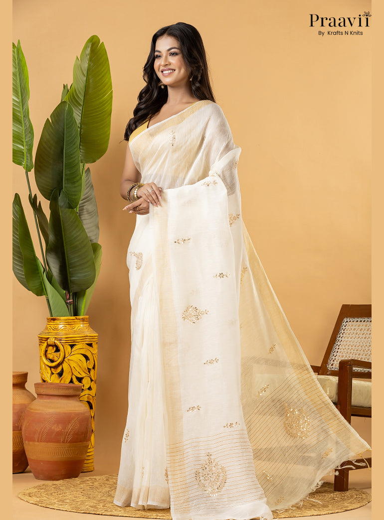 Off-White Pure Silk Linen Saree with Gota Patti and Zardosi