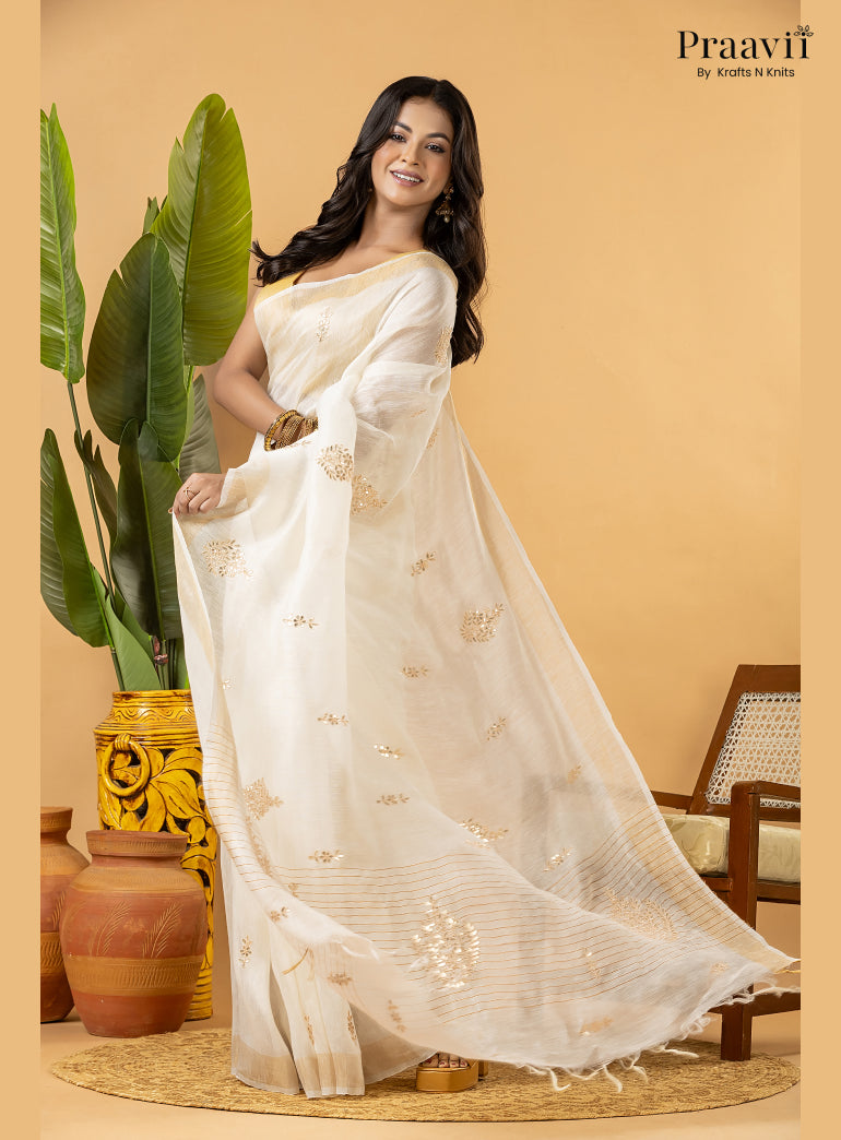 Off-White Pure Silk Linen Saree with Gota Patti and Zardosi