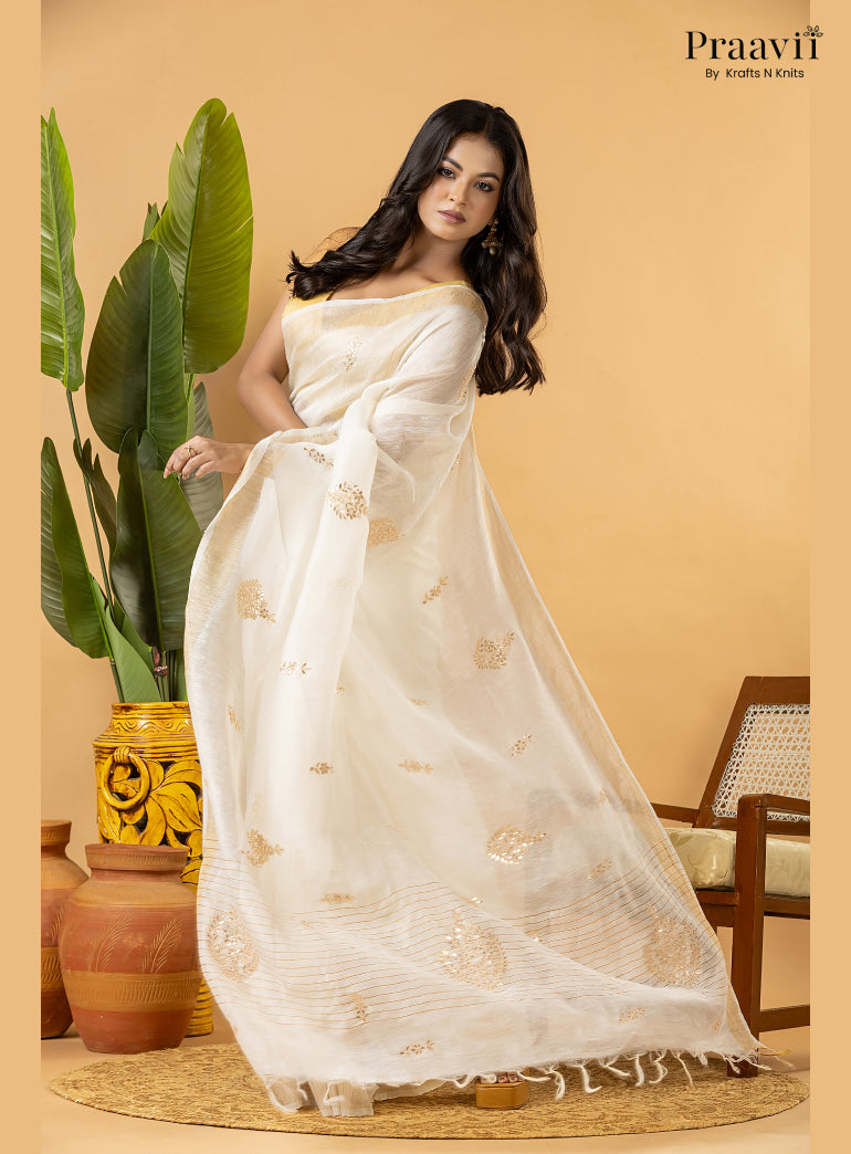 Off-White Pure Silk Linen Saree with Gota Patti and Zardosi