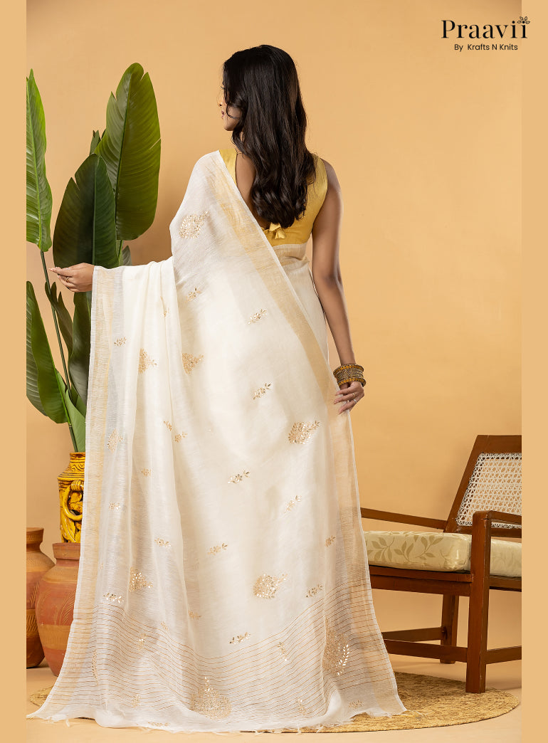 Off-White Pure Silk Linen Saree with Gota Patti and Zardosi