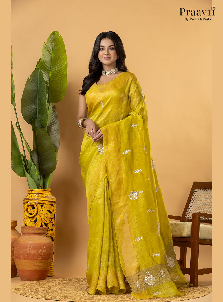 Lime Green Pure Silk Linen Saree with Gota Patti and Zardosi