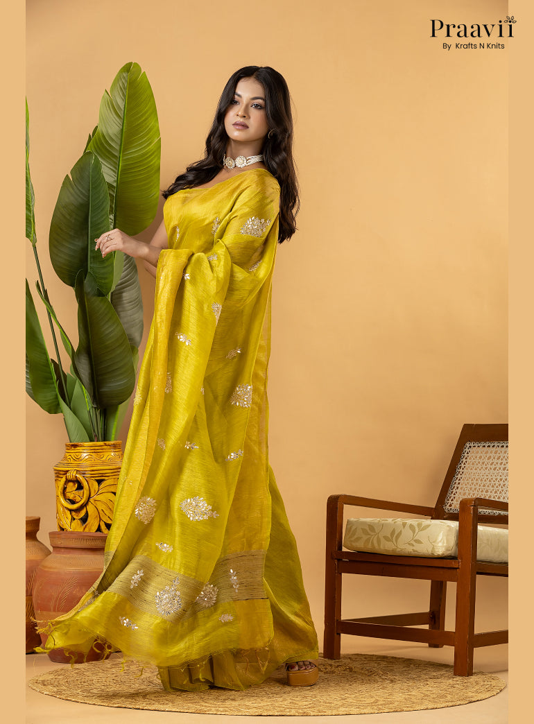 Lime Green Pure Silk Linen Saree with Gota Patti and Zardosi