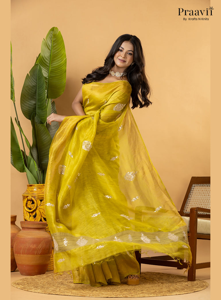Lime Green Pure Silk Linen Saree with Gota Patti and Zardosi
