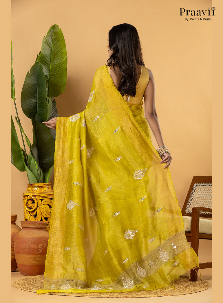 Lime Green Pure Silk Linen Saree with Gota Patti and Zardosi