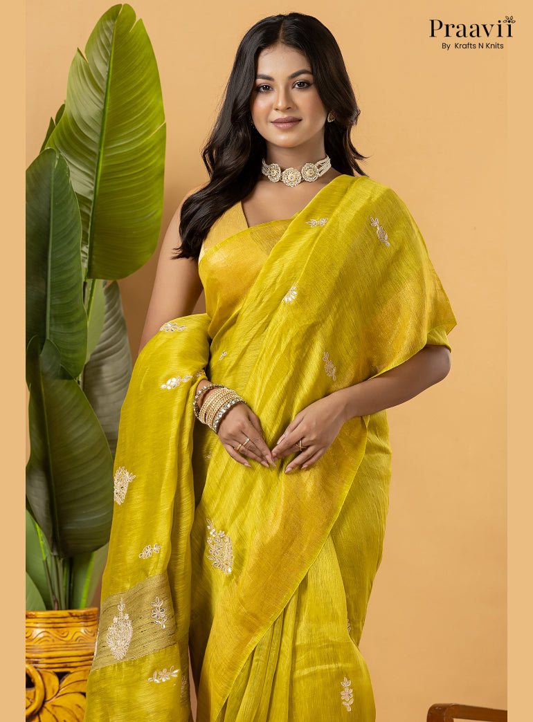 Lime Green Pure Silk Linen Saree with Gota Patti and Zardosi