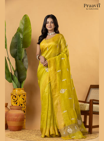 Lime Green Pure Silk Linen Saree with Gota Patti and Zardosi