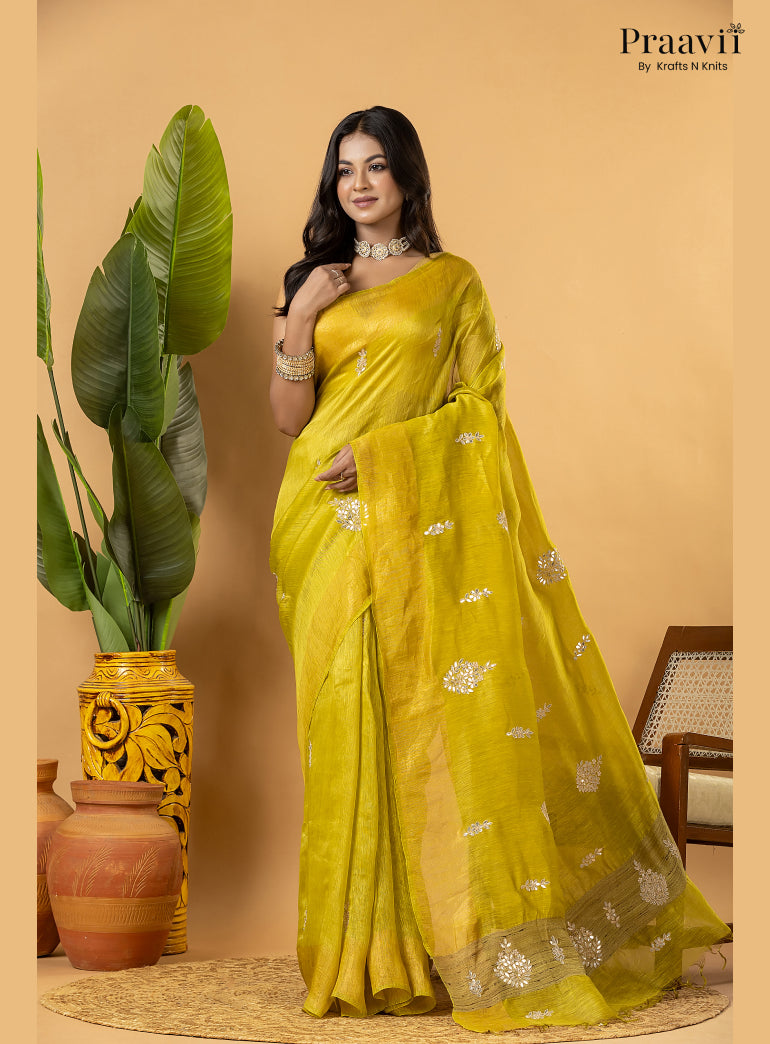 Lime Green Pure Silk Linen Saree with Gota Patti and Zardosi