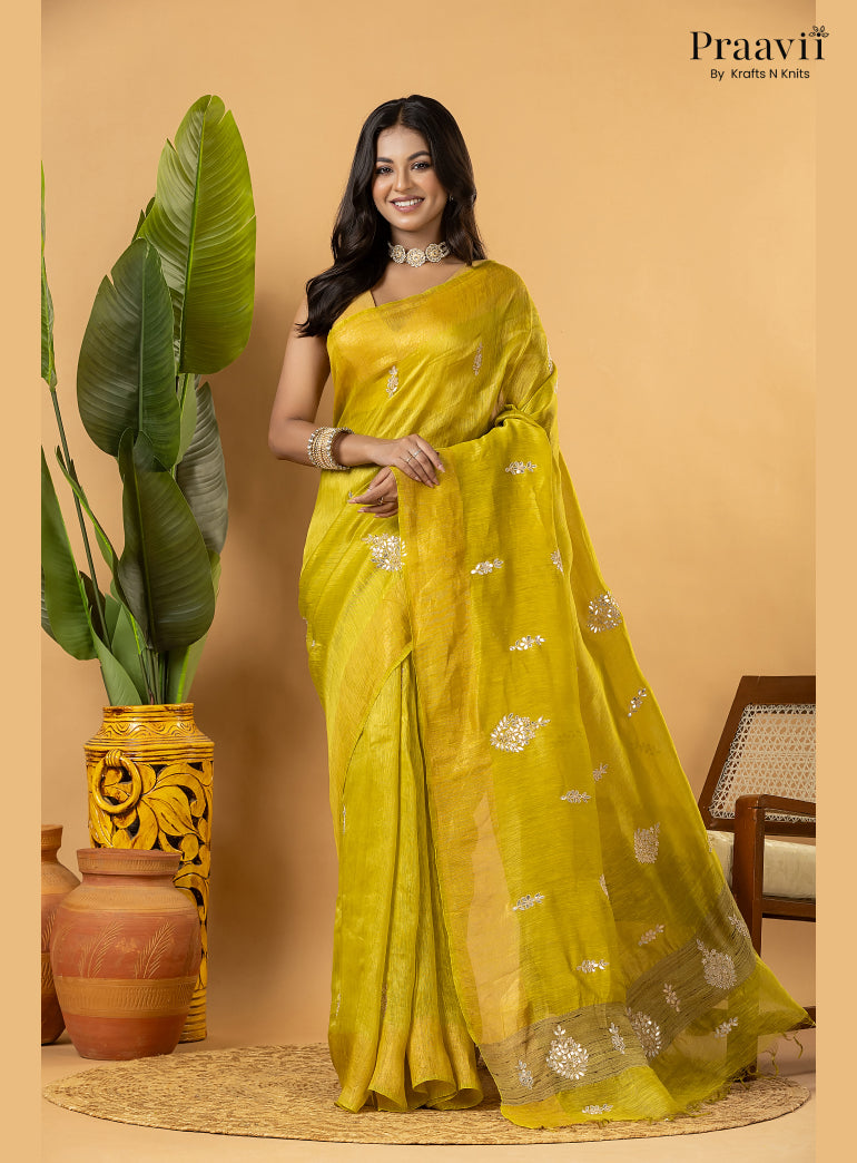 Lime Green Pure Silk Linen Saree with Gota Patti and Zardosi