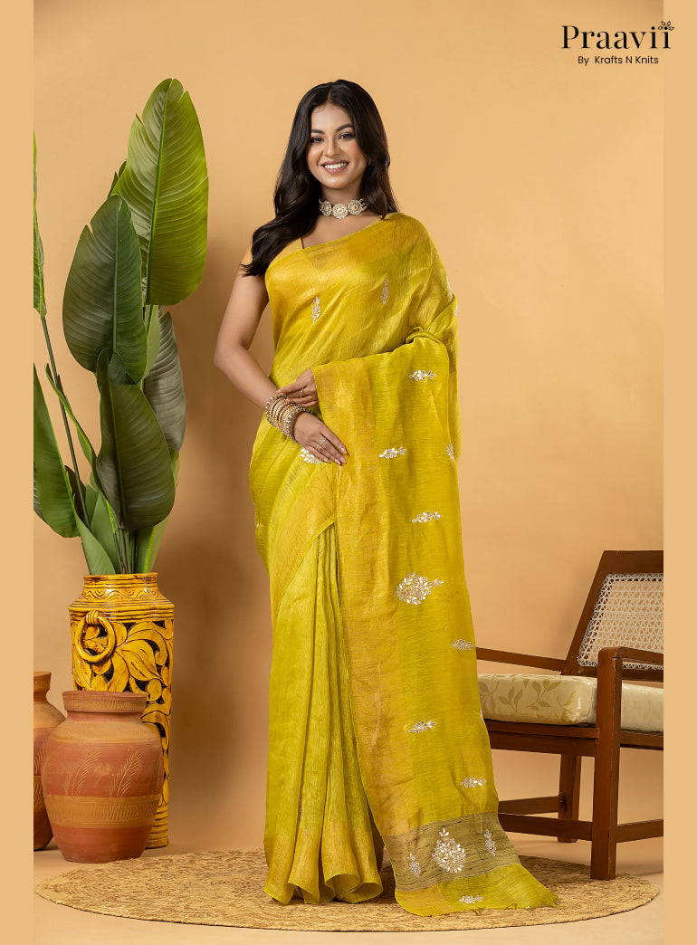 Lime Green Pure Silk Linen Saree with Gota Patti and Zardosi