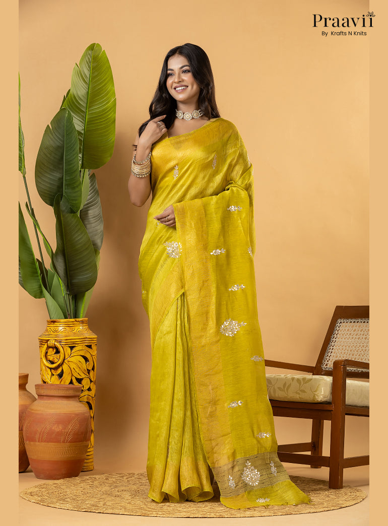 Lime Green Pure Silk Linen Saree with Gota Patti and Zardosi