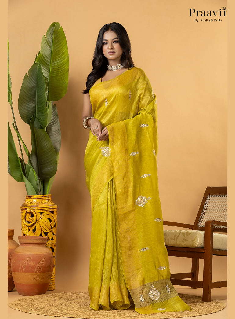 Lime Green Pure Silk Linen Saree with Gota Patti and Zardosi