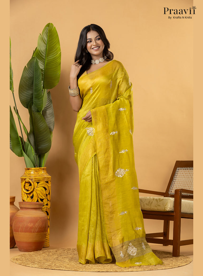 Lime Green Pure Silk Linen Saree with Gota Patti and Zardosi