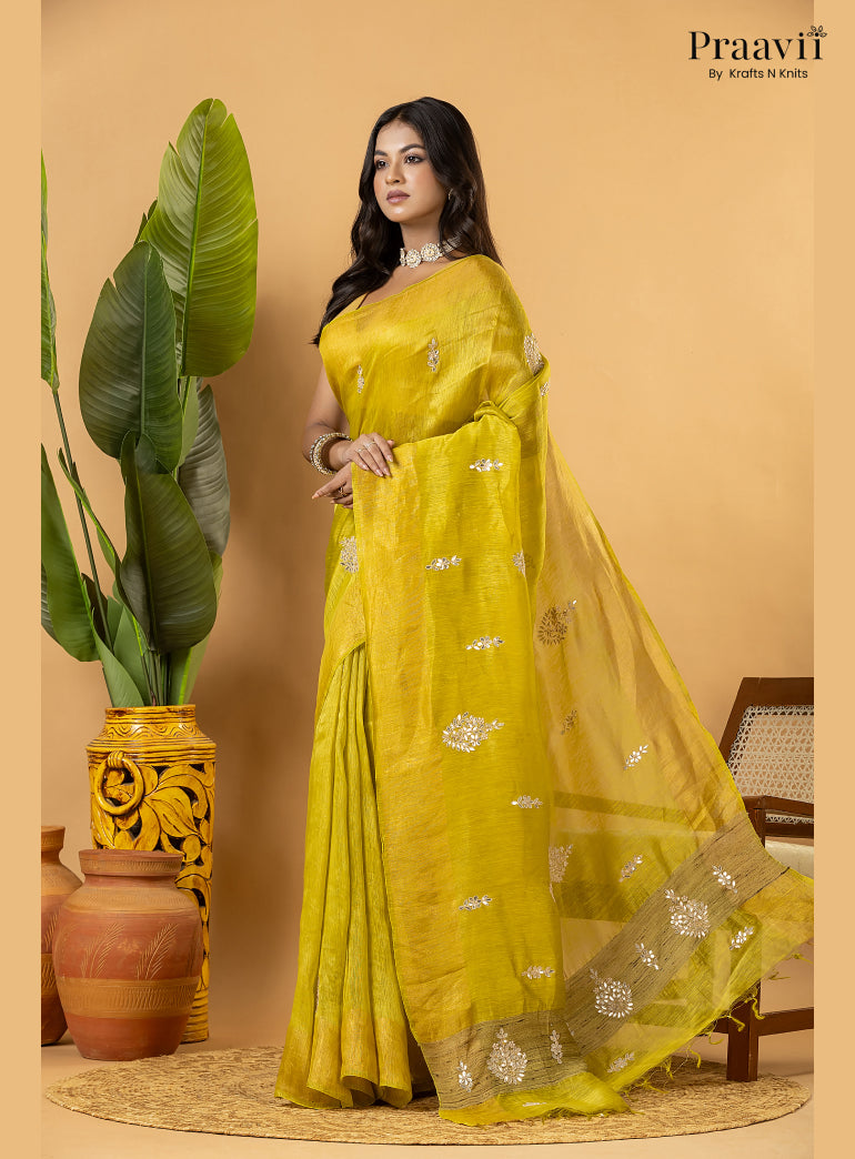 Lime Green Pure Silk Linen Saree with Gota Patti and Zardosi