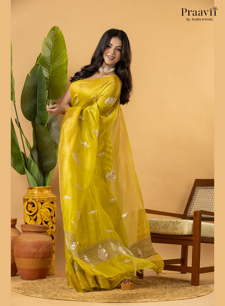 Lime Green Pure Silk Linen Saree with Gota Patti and Zardosi