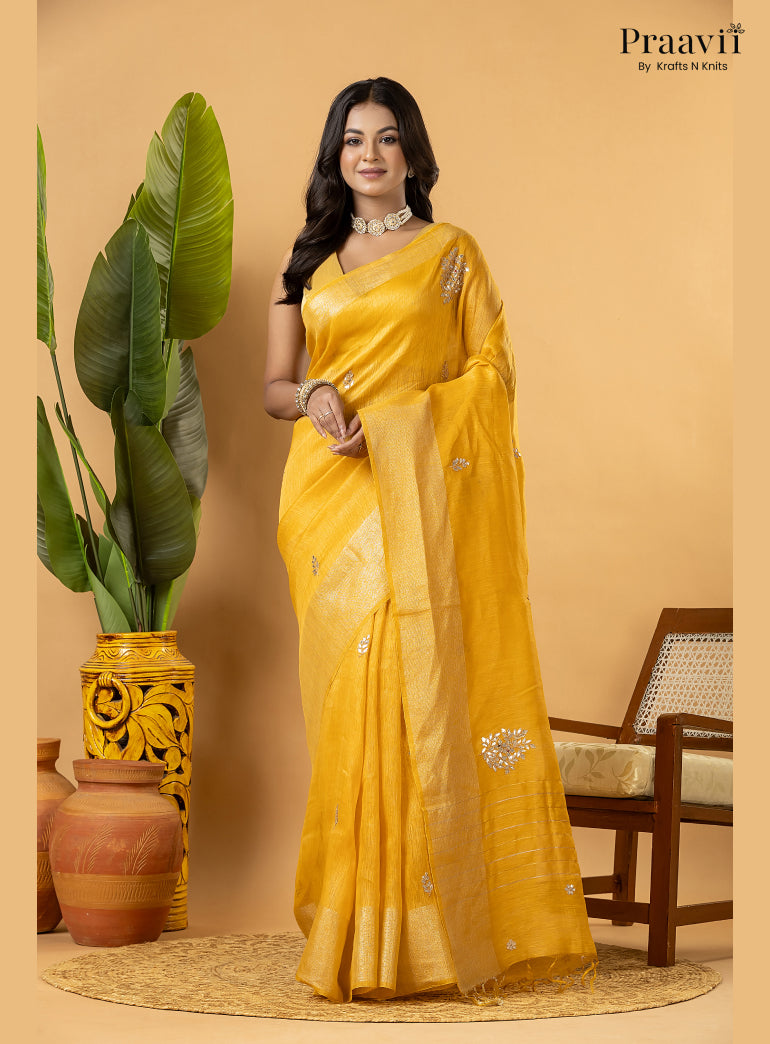 Mango Yellow Pure Silk Linen Saree with Gota Patti and Zardosi