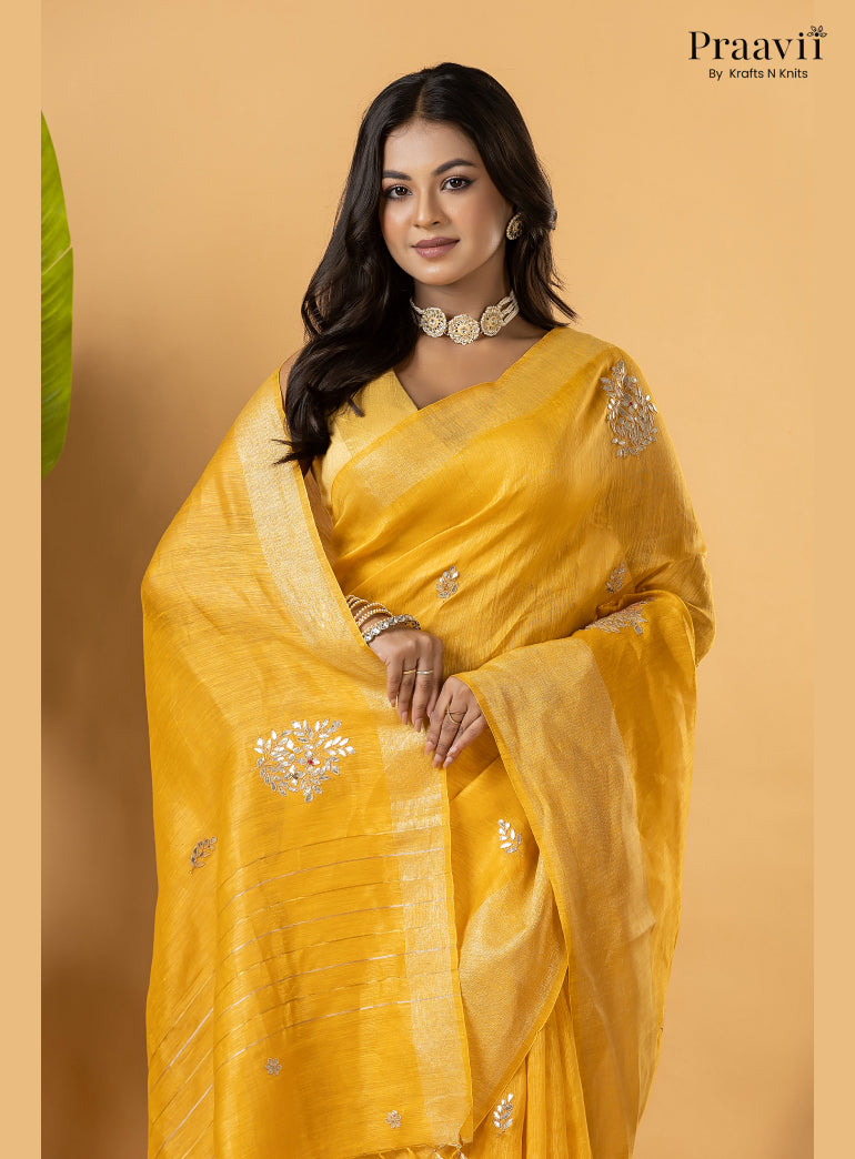 Mango Yellow Pure Silk Linen Saree with Gota Patti and Zardosi