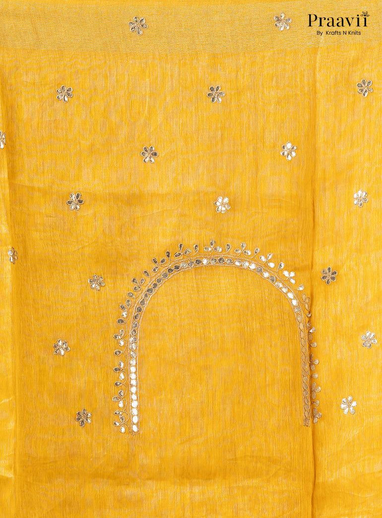 Mango Yellow Pure Silk Linen Saree with Gota Patti and Zardosi