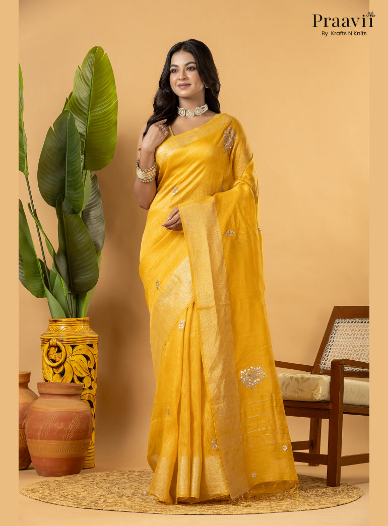 Mango Yellow Pure Silk Linen Saree with Gota Patti and Zardosi