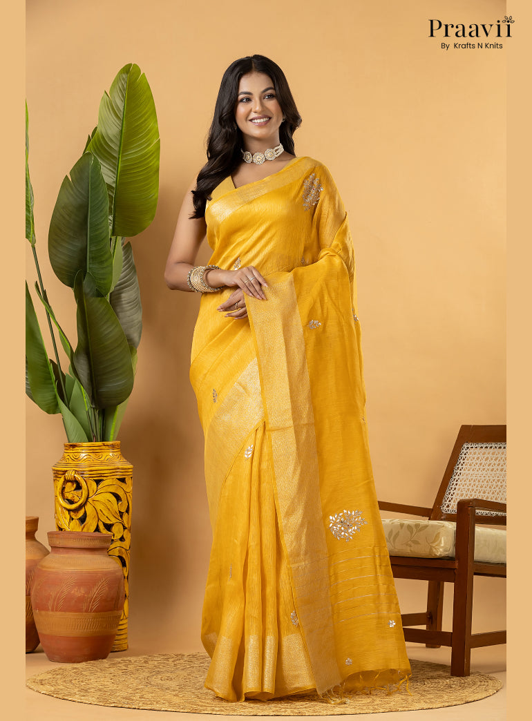 Mango Yellow Pure Silk Linen Saree with Gota Patti and Zardosi