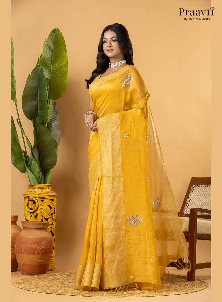 Mango Yellow Pure Silk Linen Saree with Gota Patti and Zardosi