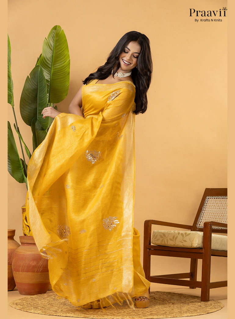 Mango Yellow Pure Silk Linen Saree with Gota Patti and Zardosi