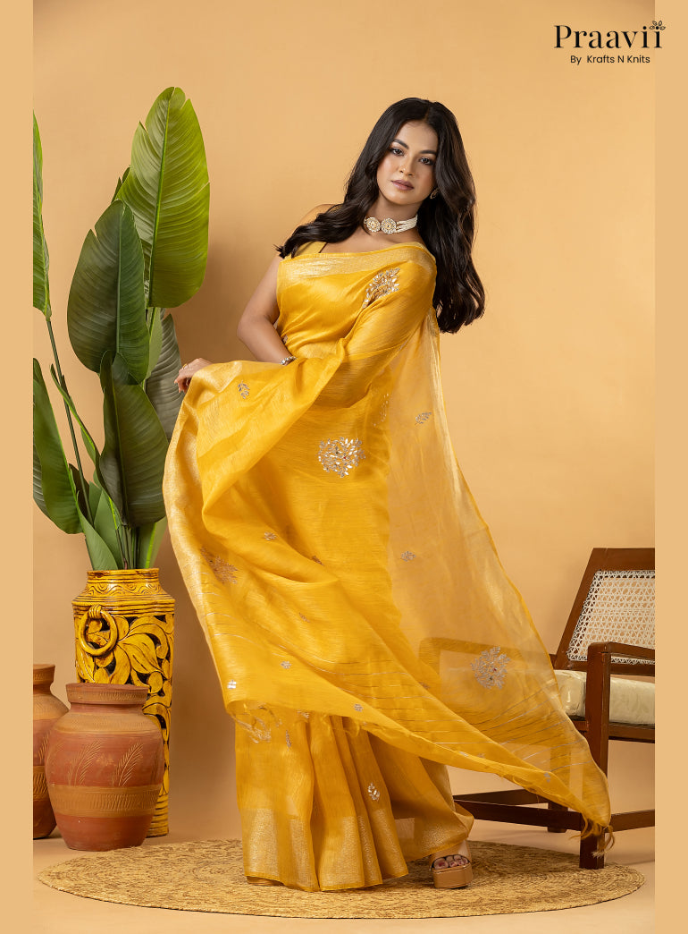 Mango Yellow Pure Silk Linen Saree with Gota Patti and Zardosi