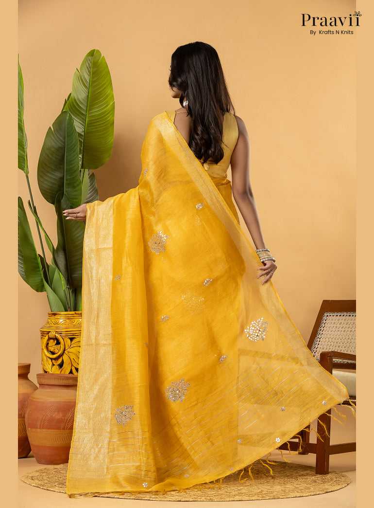 Mango Yellow Pure Silk Linen Saree with Gota Patti and Zardosi