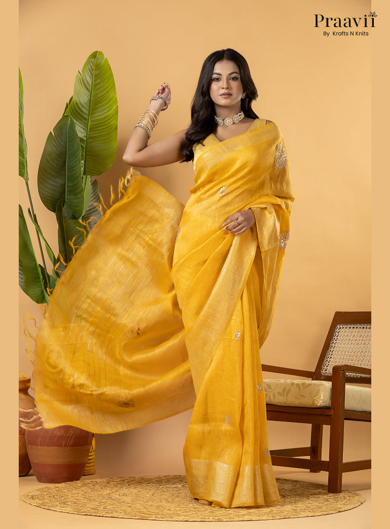 Mango Yellow Pure Silk Linen Saree with Gota Patti and Zardosi