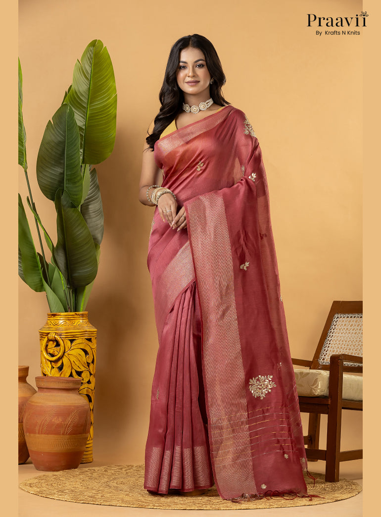 Berry Pink Pure Silk Linen Saree with Gota Patti and Zardosi
