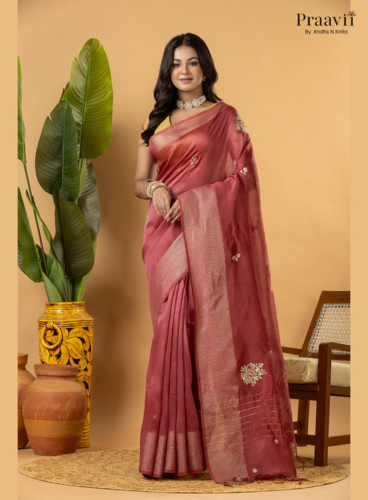 Berry Pink Pure Silk Linen Saree with Gota Patti and Zardosi