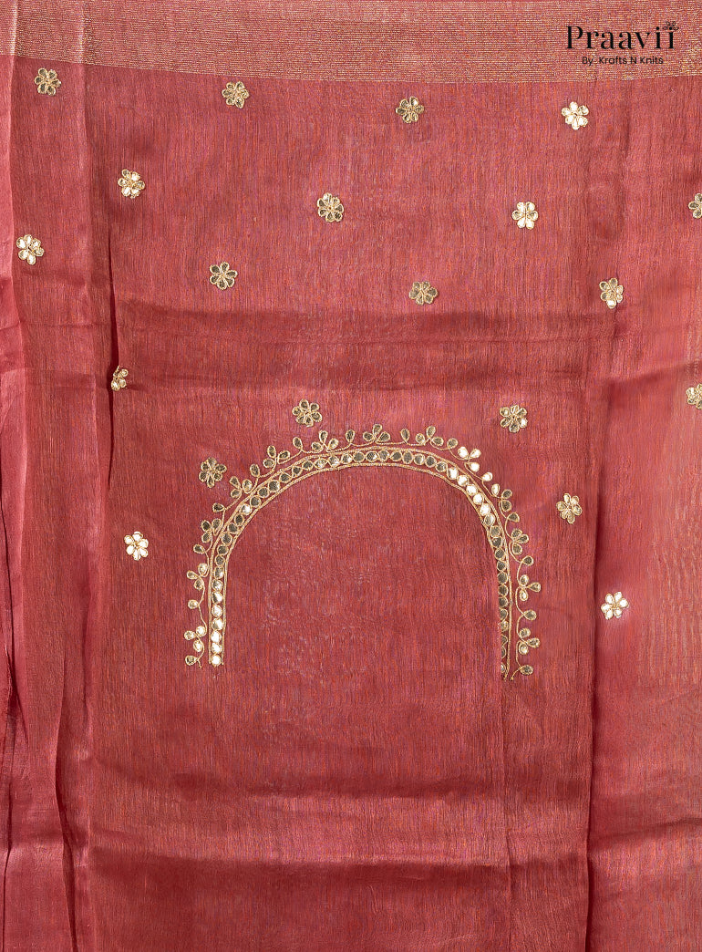 Berry Pink Pure Silk Linen Saree with Gota Patti and Zardosi