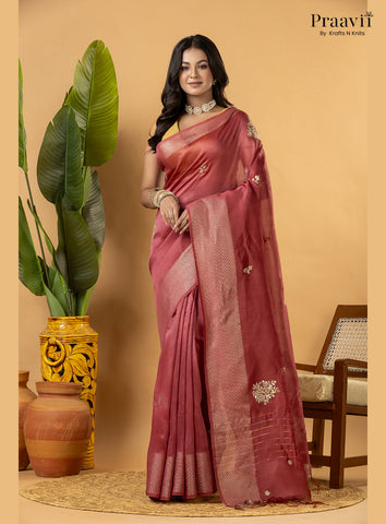Berry Pink Pure Silk Linen Saree with Gota Patti and Zardosi