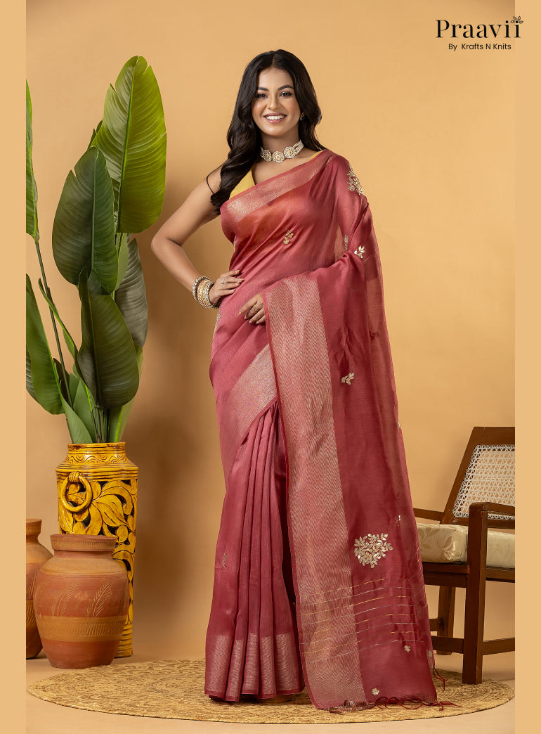 Berry Pink Pure Silk Linen Saree with Gota Patti and Zardosi