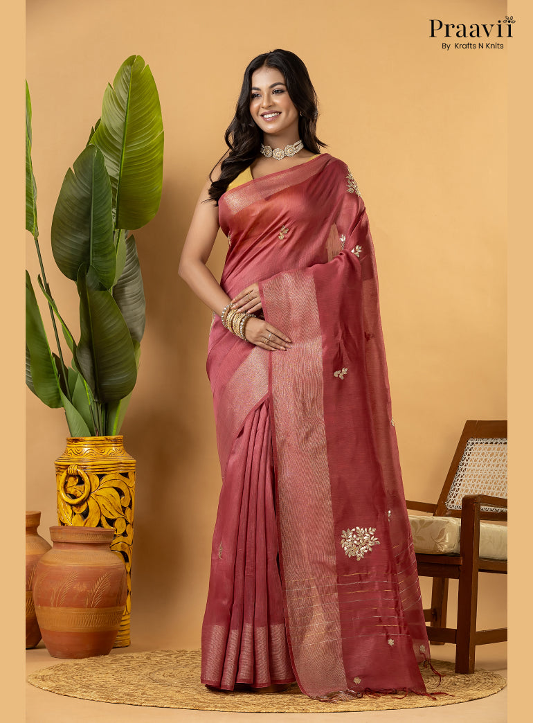Berry Pink Pure Silk Linen Saree with Gota Patti and Zardosi