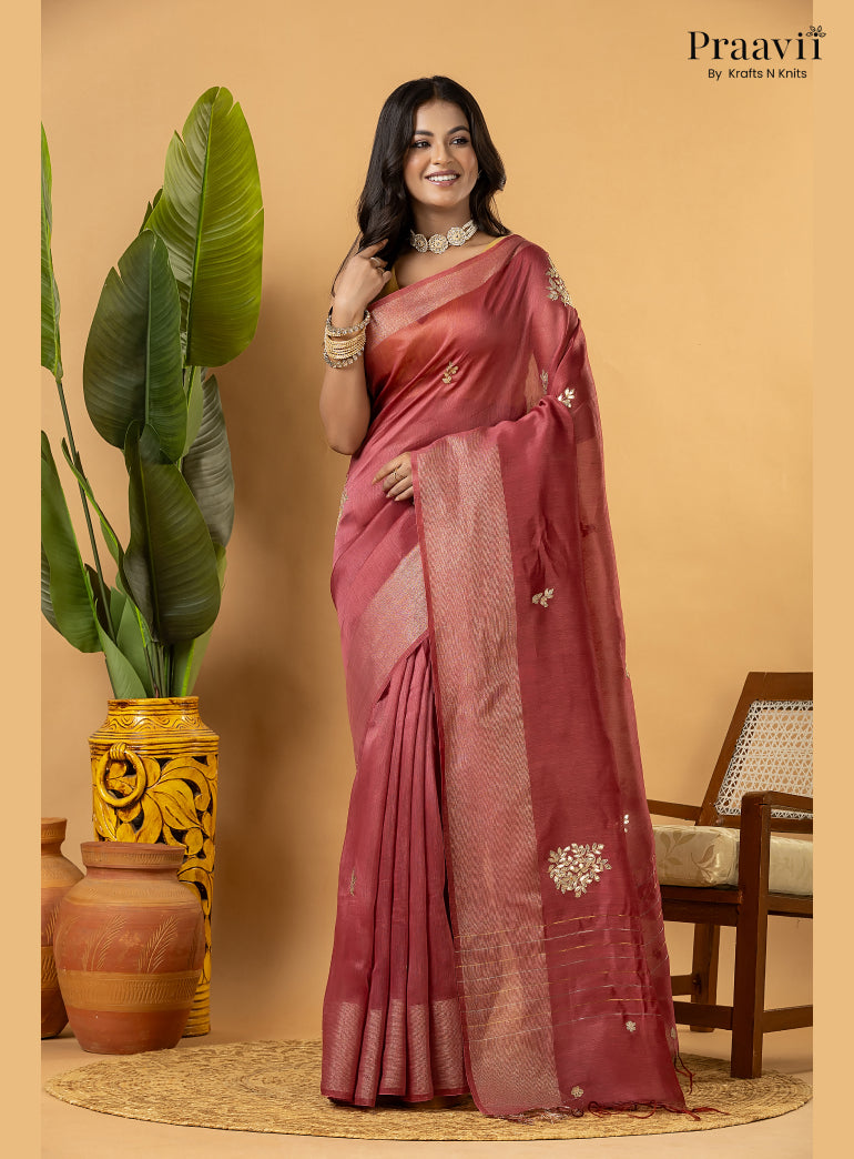 Berry Pink Pure Silk Linen Saree with Gota Patti and Zardosi