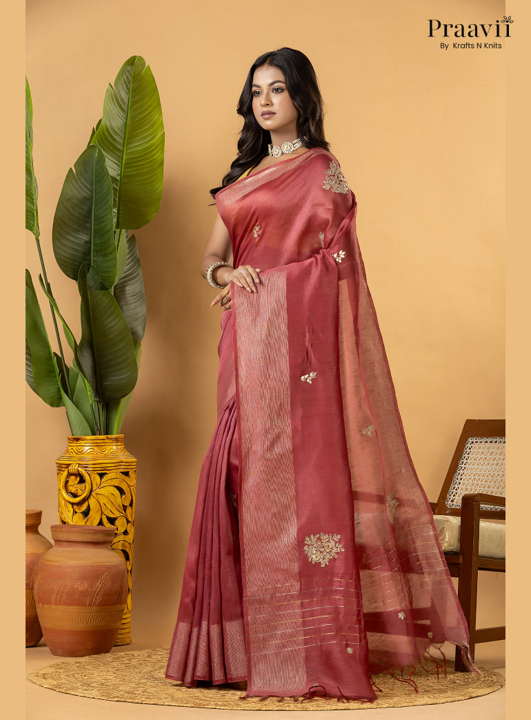 Berry Pink Pure Silk Linen Saree with Gota Patti and Zardosi