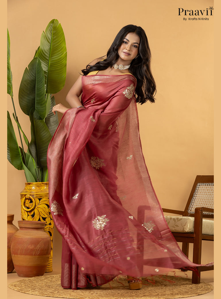 Berry Pink Pure Silk Linen Saree with Gota Patti and Zardosi