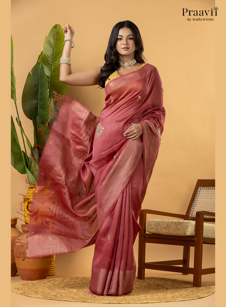 Berry Pink Pure Silk Linen Saree with Gota Patti and Zardosi