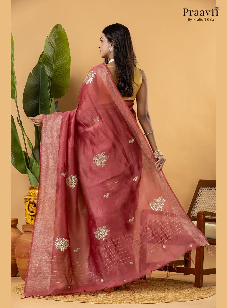 Berry Pink Pure Silk Linen Saree with Gota Patti and Zardosi