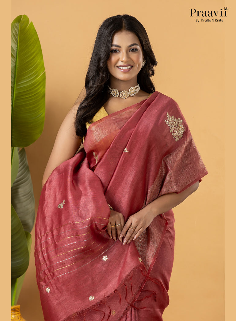 Berry Pink Pure Silk Linen Saree with Gota Patti and Zardosi