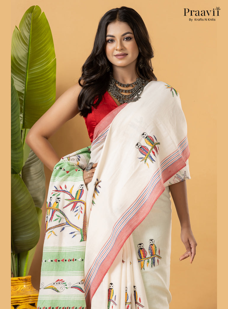 Off White Pure Cotton Saree with Kantha Stitch Embroidery