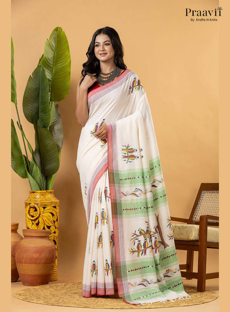 Off White Pure Cotton Saree with Kantha Stitch Embroidery