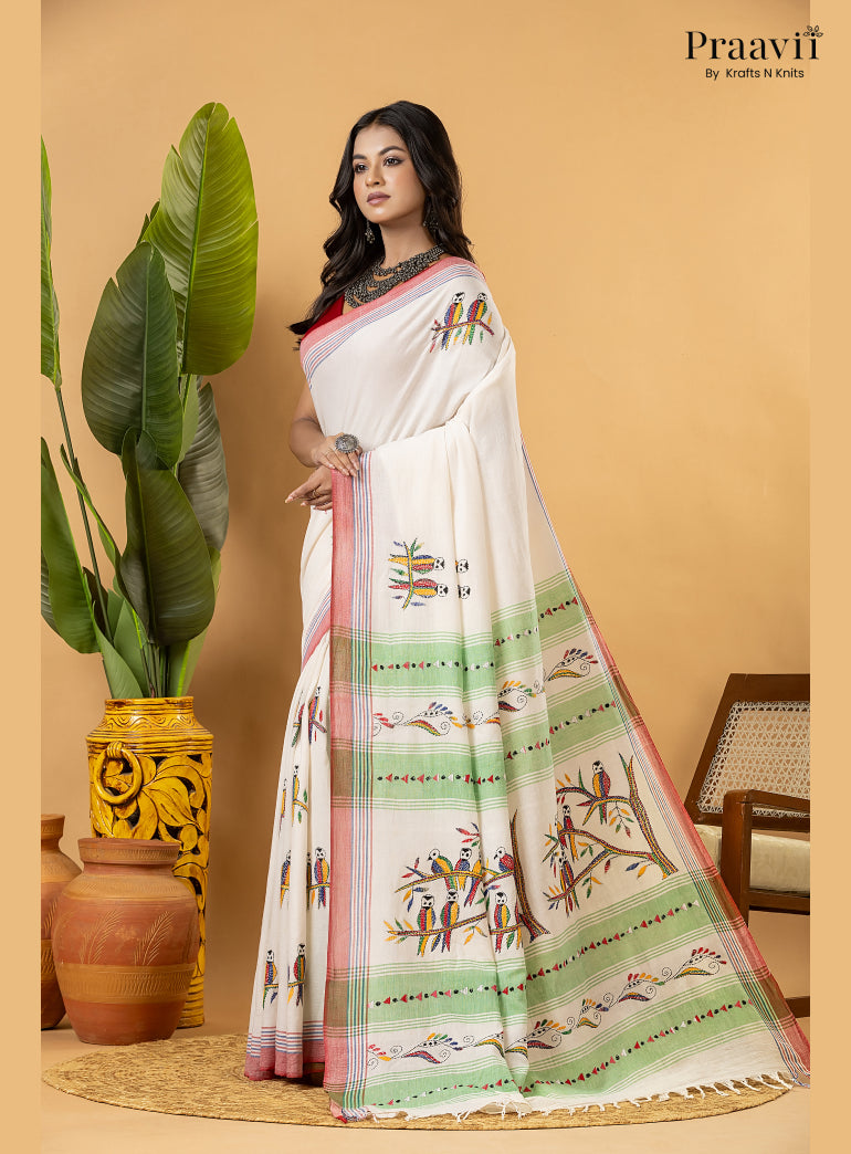 Off White Pure Cotton Saree with Kantha Stitch Embroidery