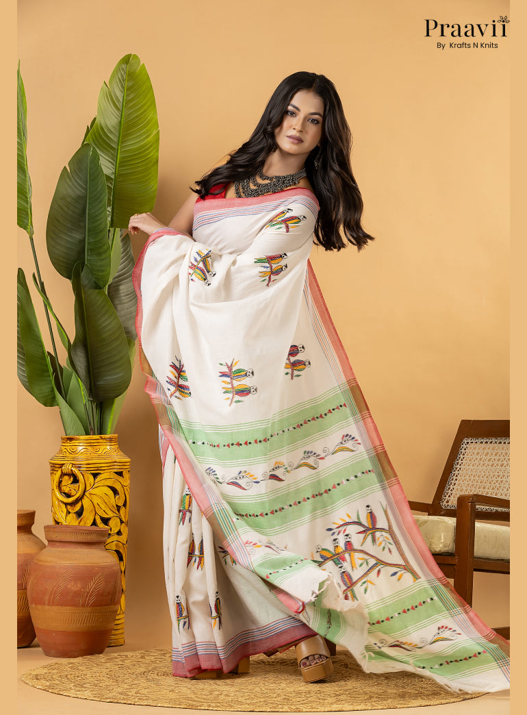 Off White Pure Cotton Saree with Kantha Stitch Embroidery