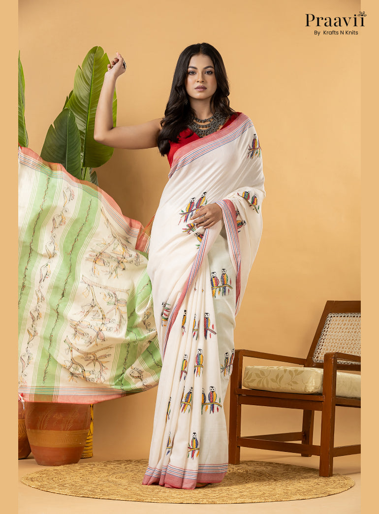 Off White Pure Cotton Saree with Kantha Stitch Embroidery