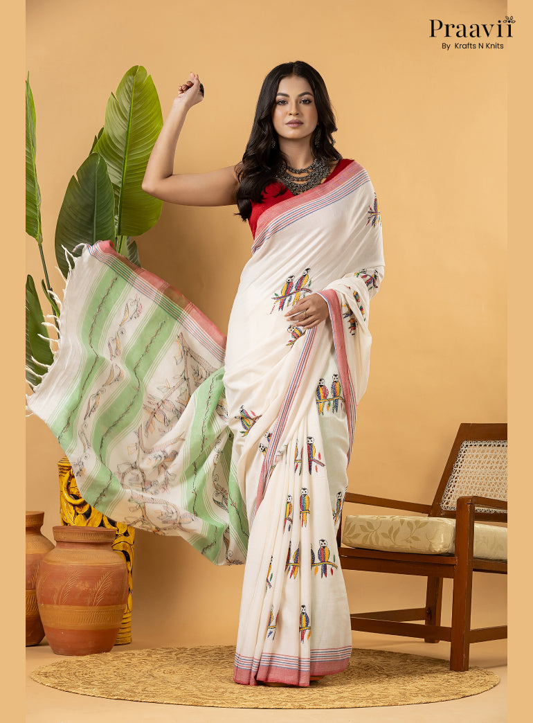 Off White Pure Cotton Saree with Kantha Stitch Embroidery