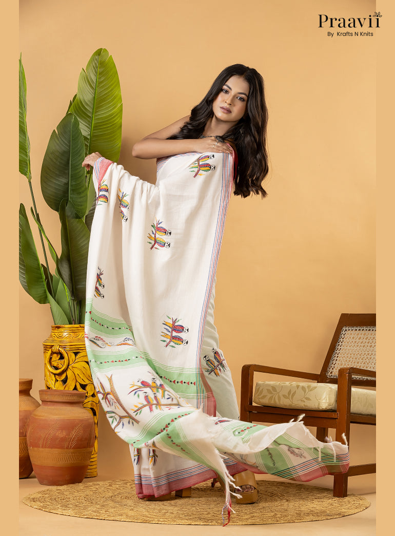 Off White Pure Cotton Saree with Kantha Stitch Embroidery
