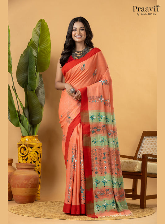 Carrot Colour Pure Cotton Saree with Kantha Stitch Embroidery